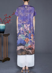 Purple Print Silk Long Dress Turn-down Collar Tassel Summer