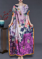 Purple Print Silk Maxi Dresses Slash Neck Batwing Sleeve