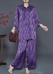 Purple Print Silk Oriental Two-Piece Set Tasseled Spring