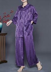 Purple Print Silk Oriental Two-Piece Set Tasseled Fall