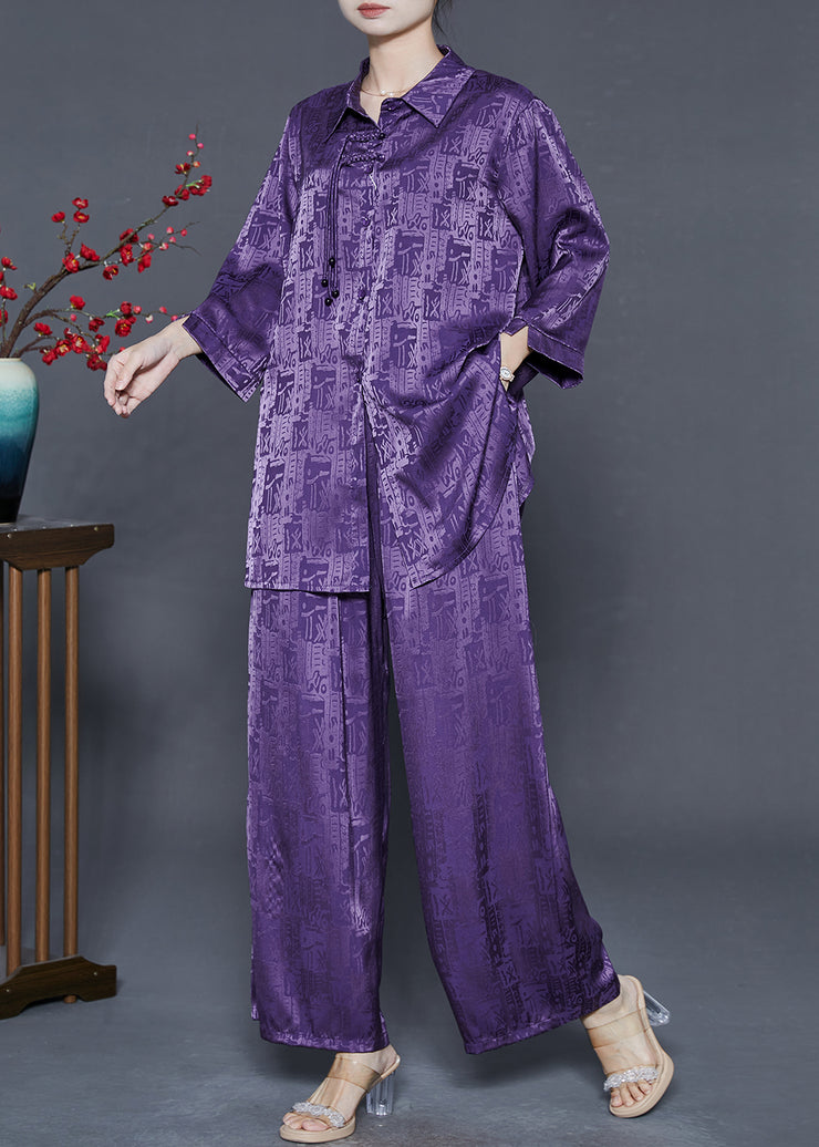 Purple Print Silk Oriental Two-Piece Set Tasseled Spring