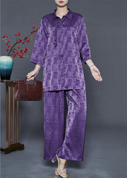 Purple Print Silk Oriental Two-Piece Set Tasseled Spring