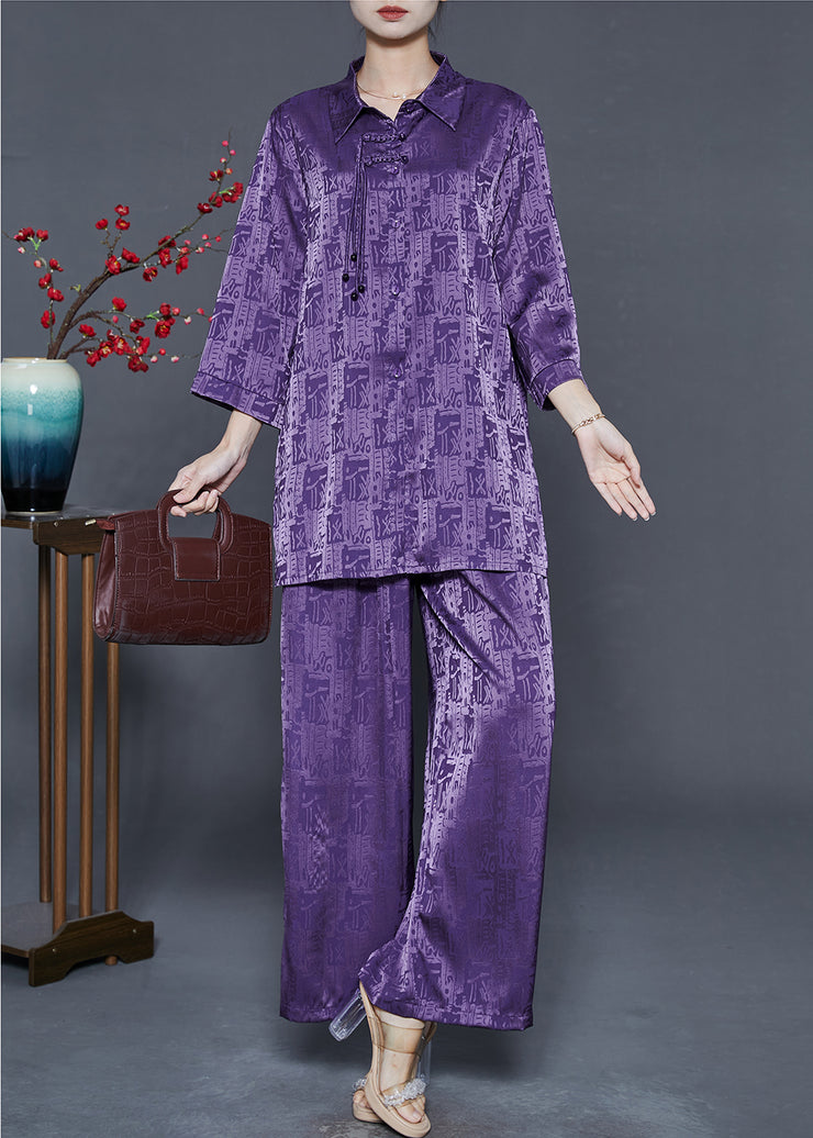 Purple Print Silk Oriental Two-Piece Set Tasseled Spring