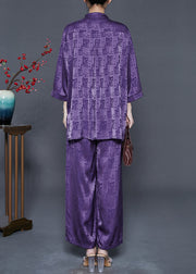 Purple Print Silk Oriental Two-Piece Set Tasseled Fall