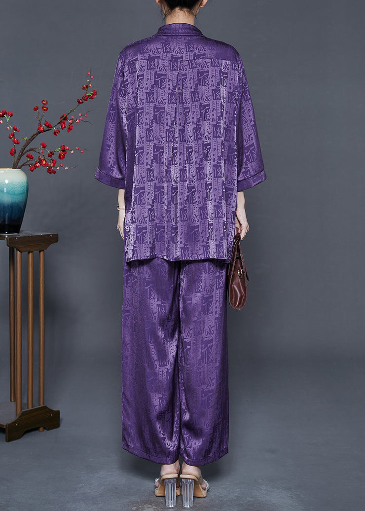 Purple Print Silk Oriental Two-Piece Set Tasseled Spring