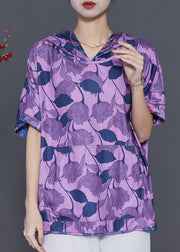 Purple Print Silk Blouse Shirt Top Hooded Summer