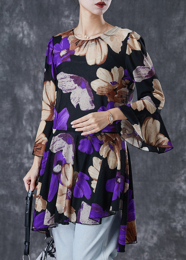 Purple Print Tulle Blouse Tops Exra Large Hem Flare Sleeve