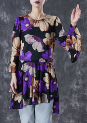 Purple Print Tulle Blouse Tops Exra Large Hem Flare Sleeve