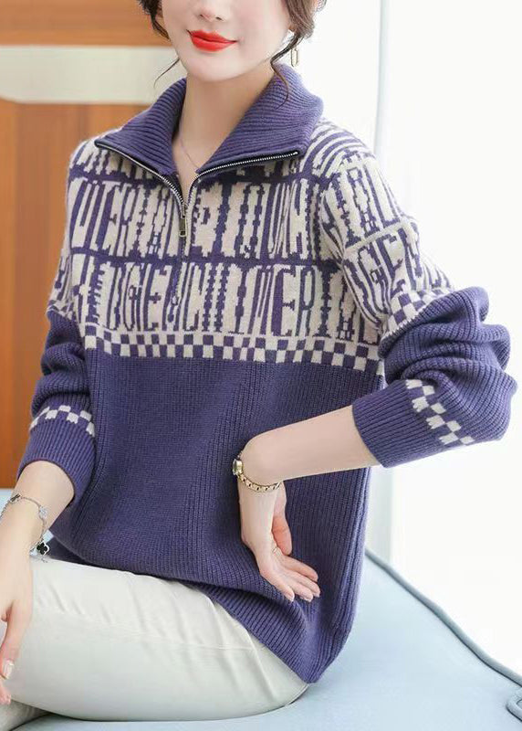 Purple Print Wool Knit Sweaters Peter Pan Collar Long Sleeve