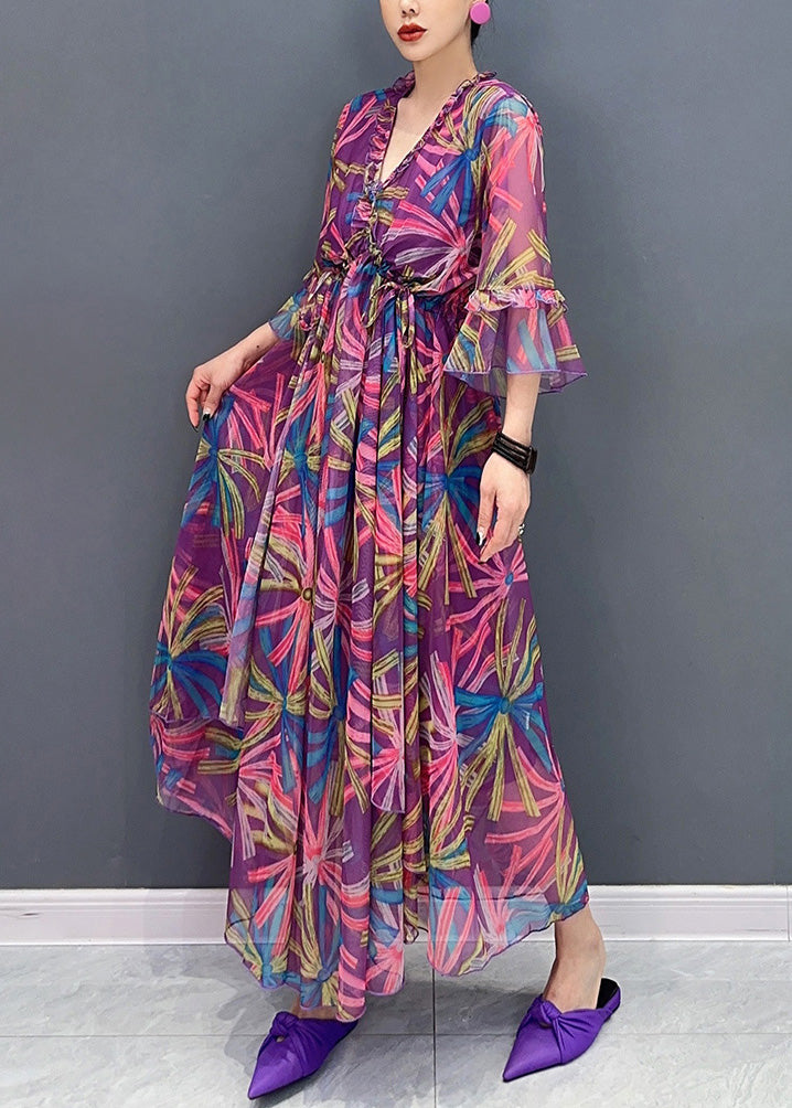 Purple Print Wrinkled Chiffon Long Dresses Half Sleeve