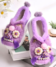 Purple Retro Handmade Fuzzy Wool Lined Splicing Platform Flats