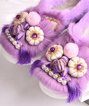 Purple Retro Handmade Fuzzy Wool Lined Splicing Platform Flats