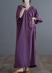 Purple Side Open Long Dresses Short Sleeve