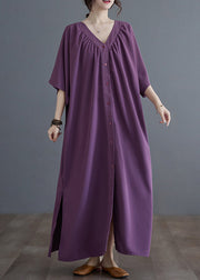 Purple Side Open Long Dresses Short Sleeve