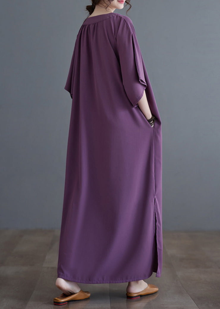 Purple Side Open Long Dresses Short Sleeve