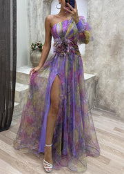 Purple Side Open Tulle Long Dress One Shoulder Summer