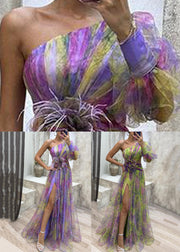 Purple Side Open Tulle Long Dress One Shoulder Summer