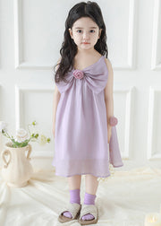 Purple Solid Spaghetti Strap Dress Girls Dress Bow Summer