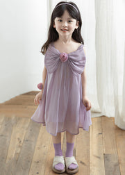 Purple Solid Spaghetti Strap Dress Girls Dress Bow Summer