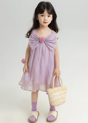 Purple Solid Spaghetti Strap Dress Girls Dress Bow Summer