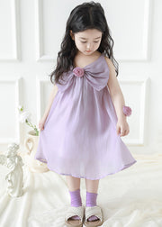 Purple Solid Spaghetti Strap Dress Girls Dress Bow Summer