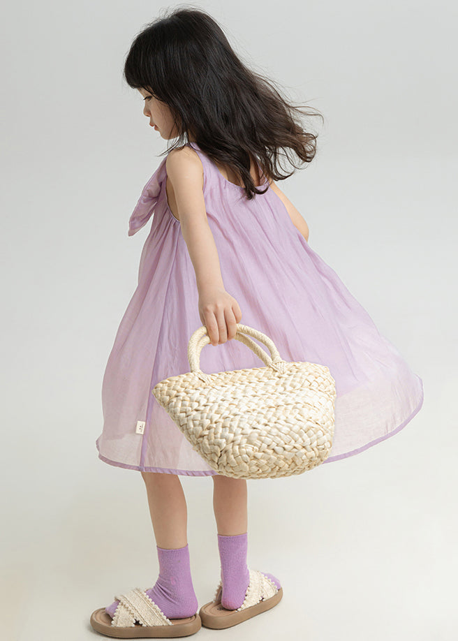 Purple Solid Spaghetti Strap Dress Girls Dress Bow Summer