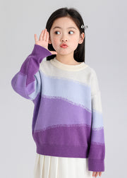 Purple Thick Patchwork Cotton Knit Kids Sweater Spring