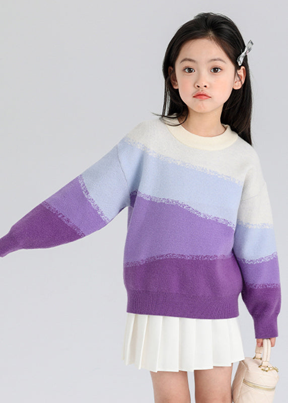 Purple Thick Patchwork Cotton Knit Kids Sweater Spring