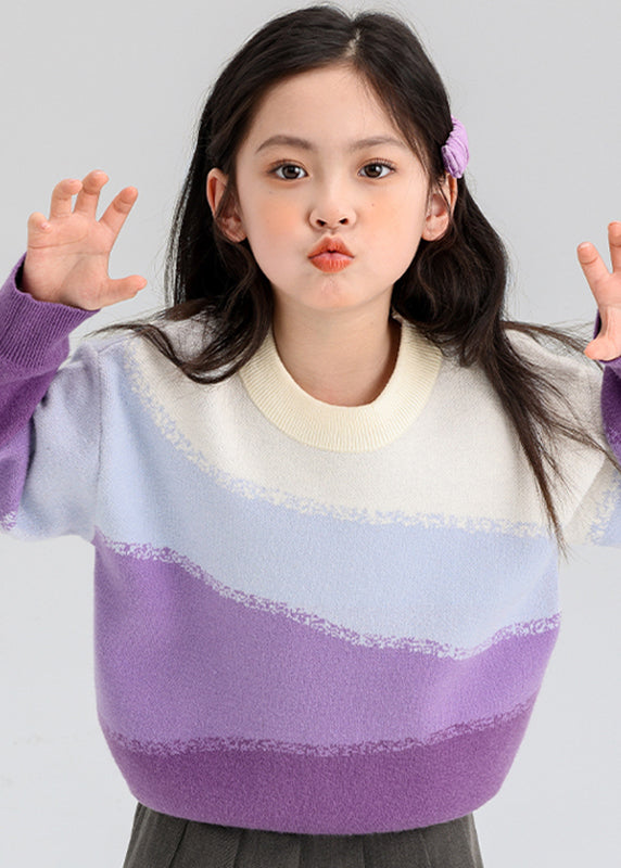 Purple Thick Patchwork Cotton Knit Kids Sweater Spring