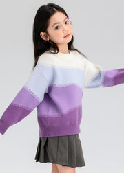 Purple Thick Patchwork Cotton Knit Kids Sweater Spring