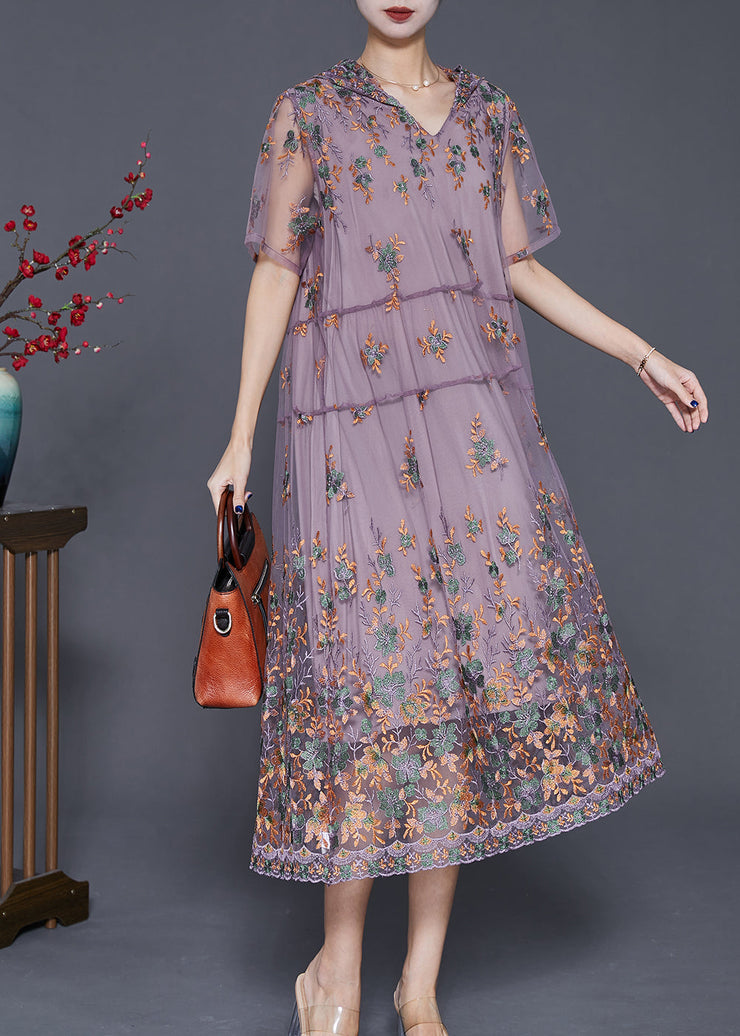 Purple Tulle Long Dress Hooded Embroidered Summer