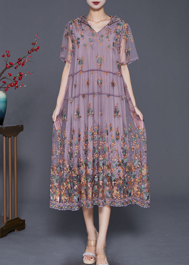 Purple Tulle Long Dress Hooded Embroideried Summer