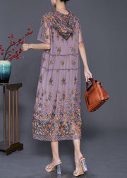 Purple Tulle Long Dress Hooded Embroideried Summer