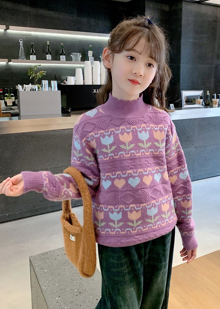 Purple Turtleneck Print Cotton Knit Kids Sweater Spring