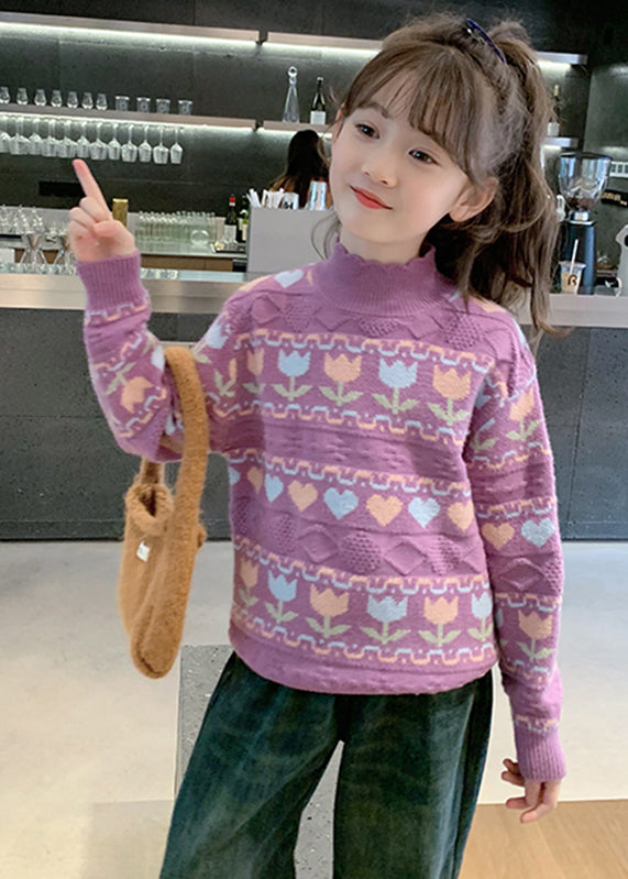 Purple Turtleneck Print Cotton Knit Kids Sweater Spring