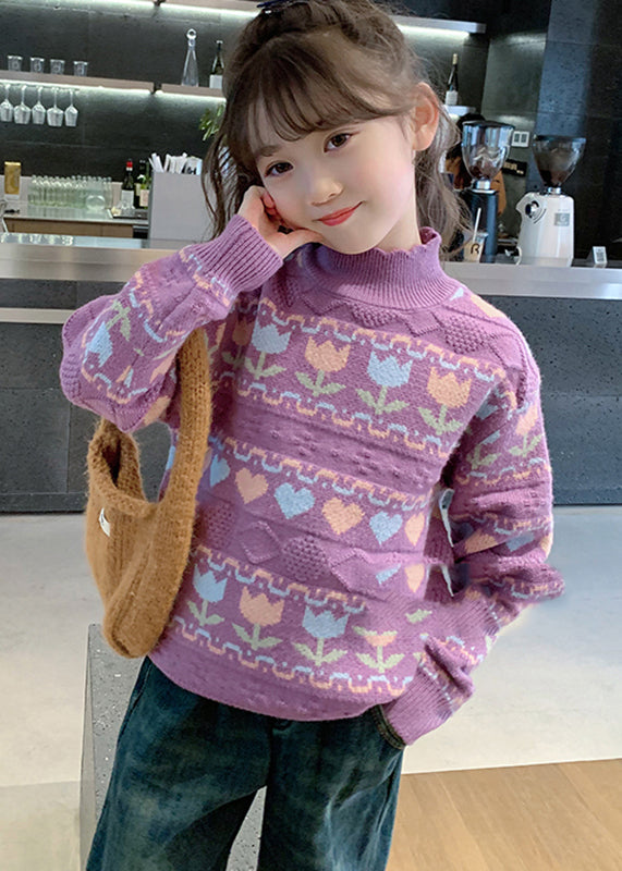 Purple Turtleneck Print Cotton Knit Kids Sweater Spring