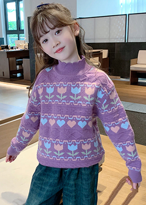 Purple Turtleneck Print Cotton Knit Kids Sweater Spring