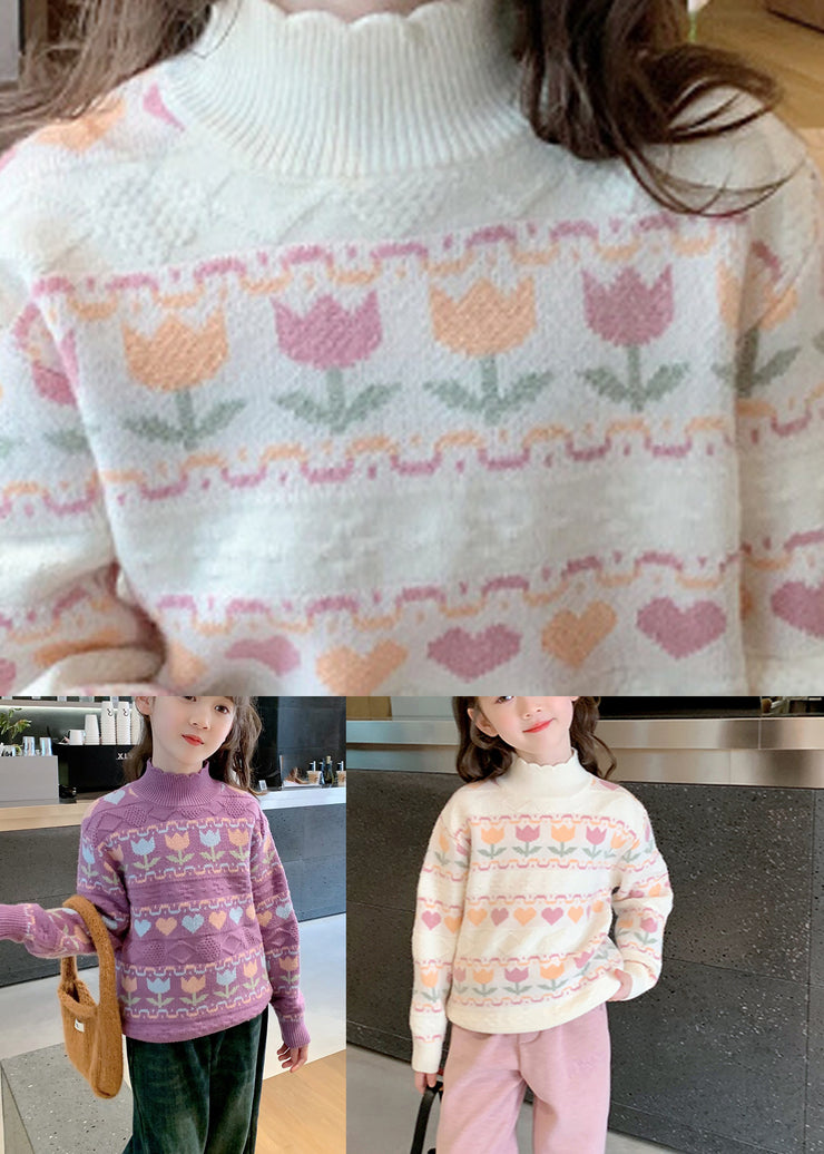 Purple Turtleneck Print Cotton Knit Kids Sweater Spring