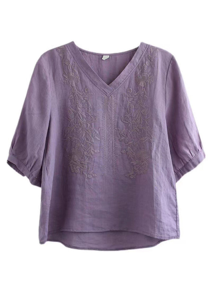 Gray texture V Neck Floral Embroidered T Shirt Half Sleeve