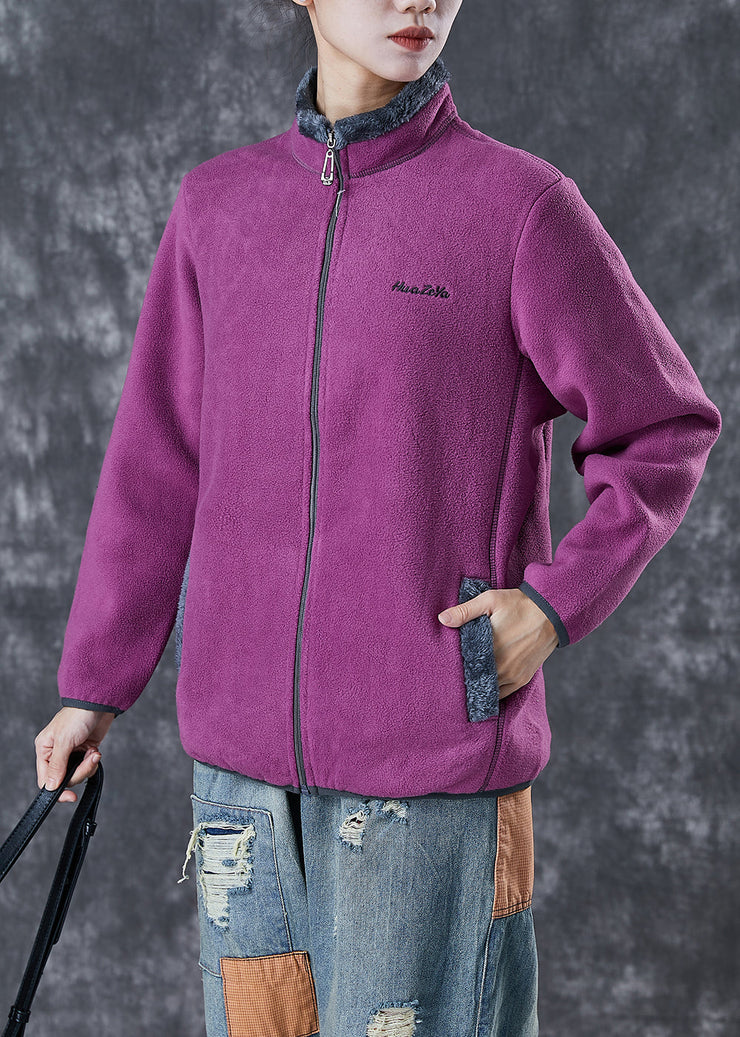 Purple Warm Fleece Jackets Embroidered Winter