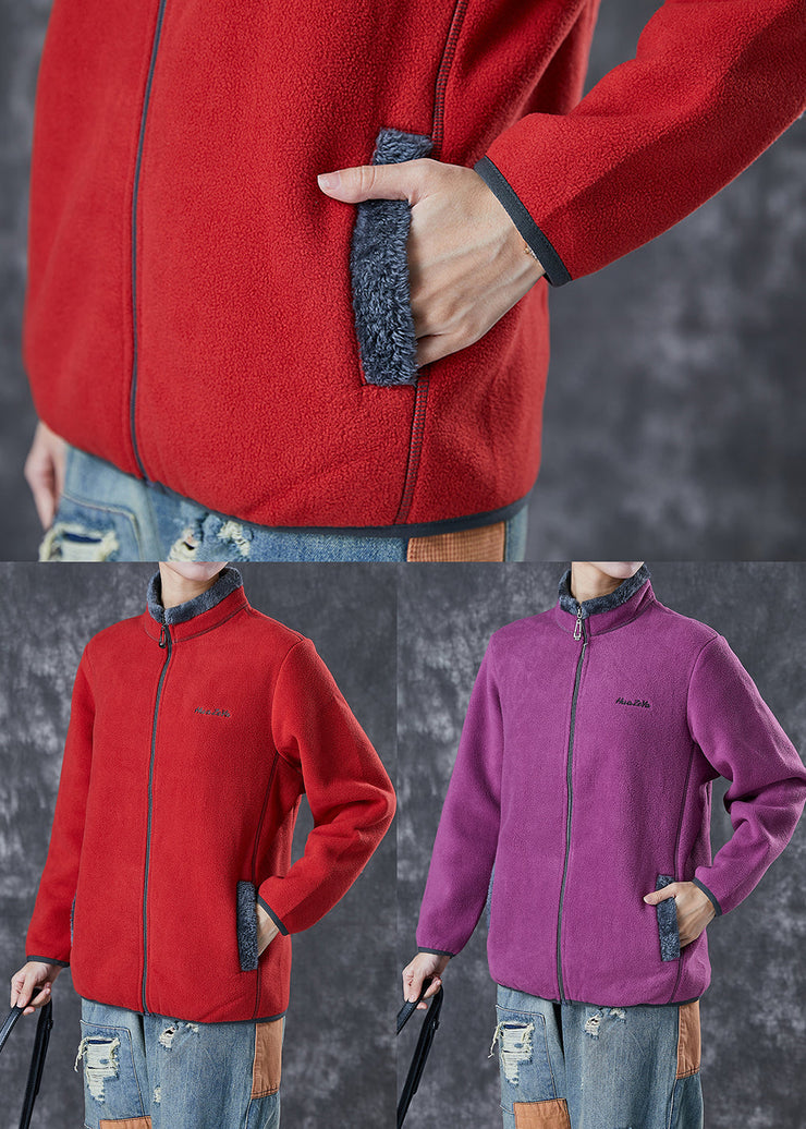 Purple Warm Fleece Jackets Embroidered Winter