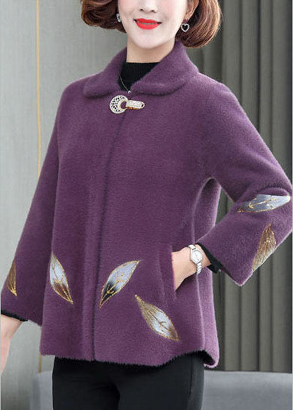 Purple Warm Mink Hair Velvet Coats Peter Pan Collar Embroideried Winter