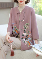 Purple Wool Knit Cardigan Embroidered Floral Long Sleeve