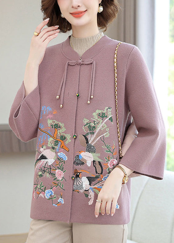 Purple Wool Knit Cardigan Embroidered Floral Long Sleeve