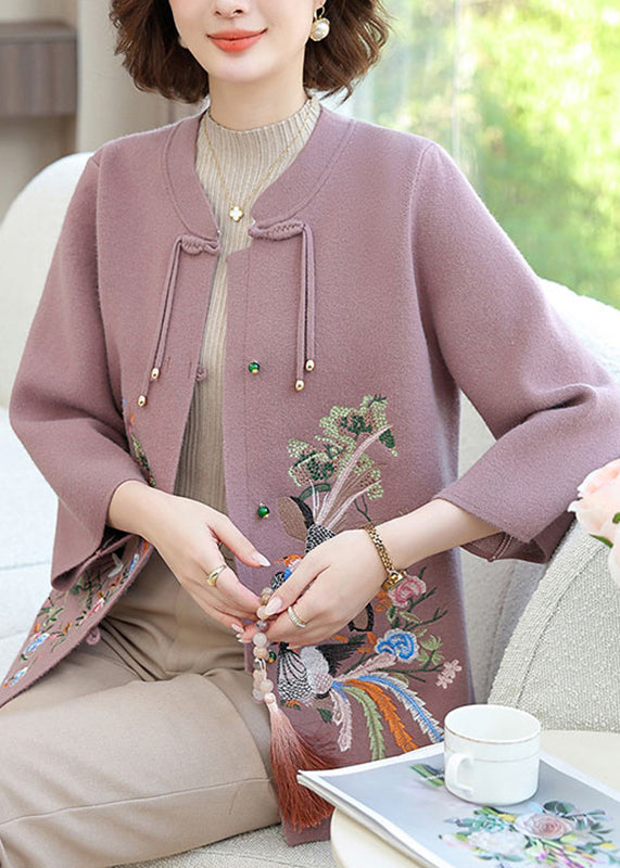 Purple Wool Knit Cardigan Embroidered Floral Long Sleeve