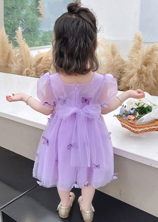 Purple Wrinkled Bow Tulle Kids Vacation Maxi Dresses Summer