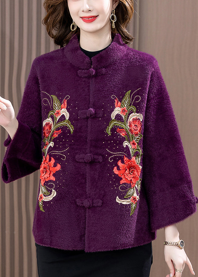 Purple Zircon Embroidered Mink Velvet Spring Coat Stand Collar