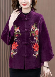 Purple Zircon Embroidered Mink Velvet Spring Coat Stand Collar