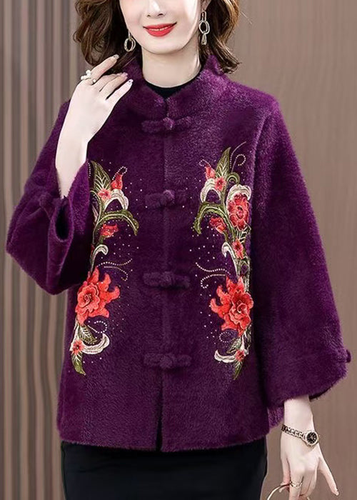 Purple Zircon Embroidered Mink Velvet Spring Coat Stand Collar