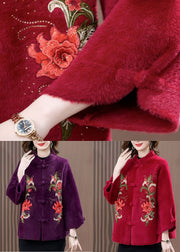 Purple Zircon Embroidered Mink Velvet Spring Coat Stand Collar